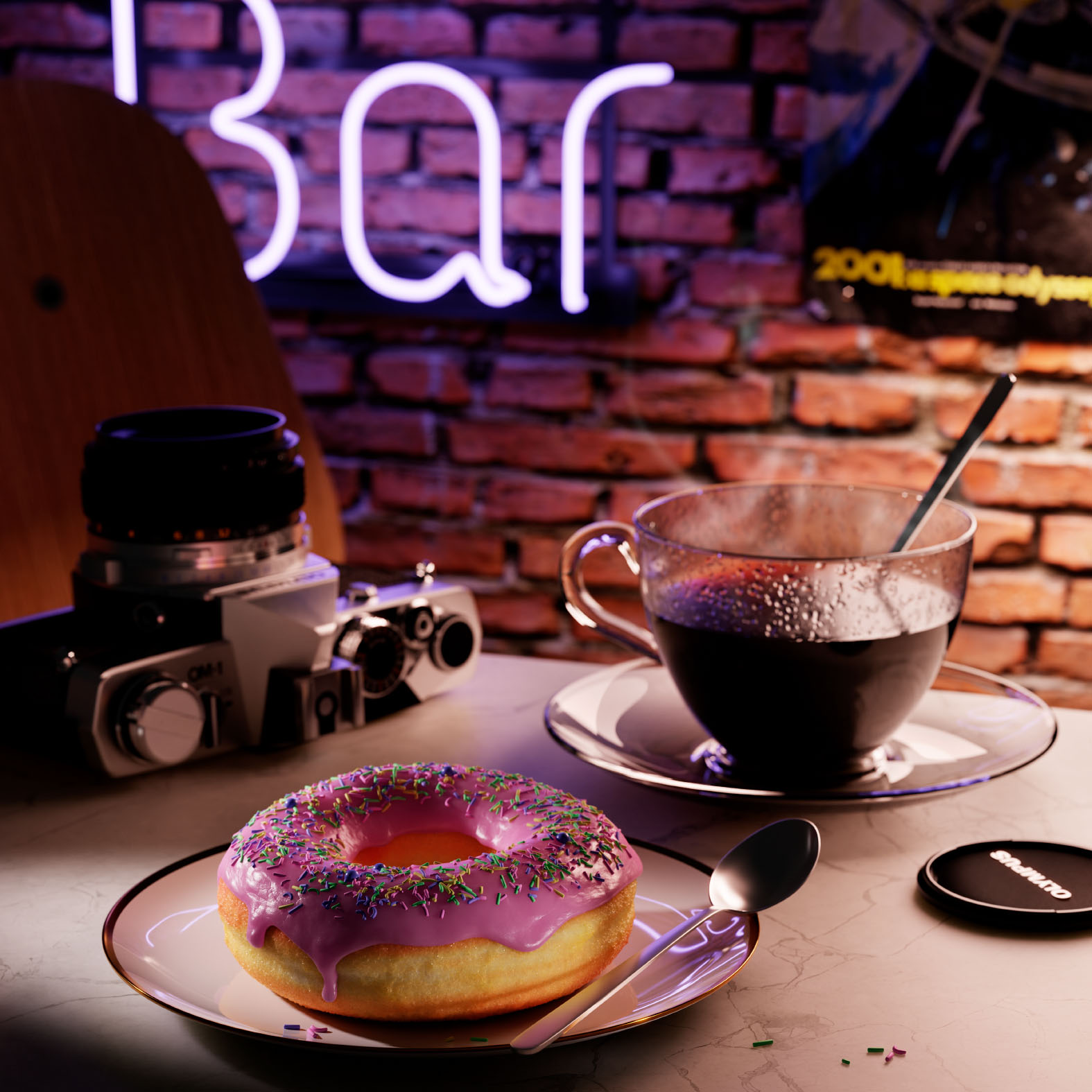 donut Blender Guru et appareil photo Olympus OM-2 réalisés en 3D avec Blender